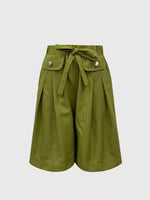 Full view of geen High-Waisted Drawstring Shorts on a white backgound 