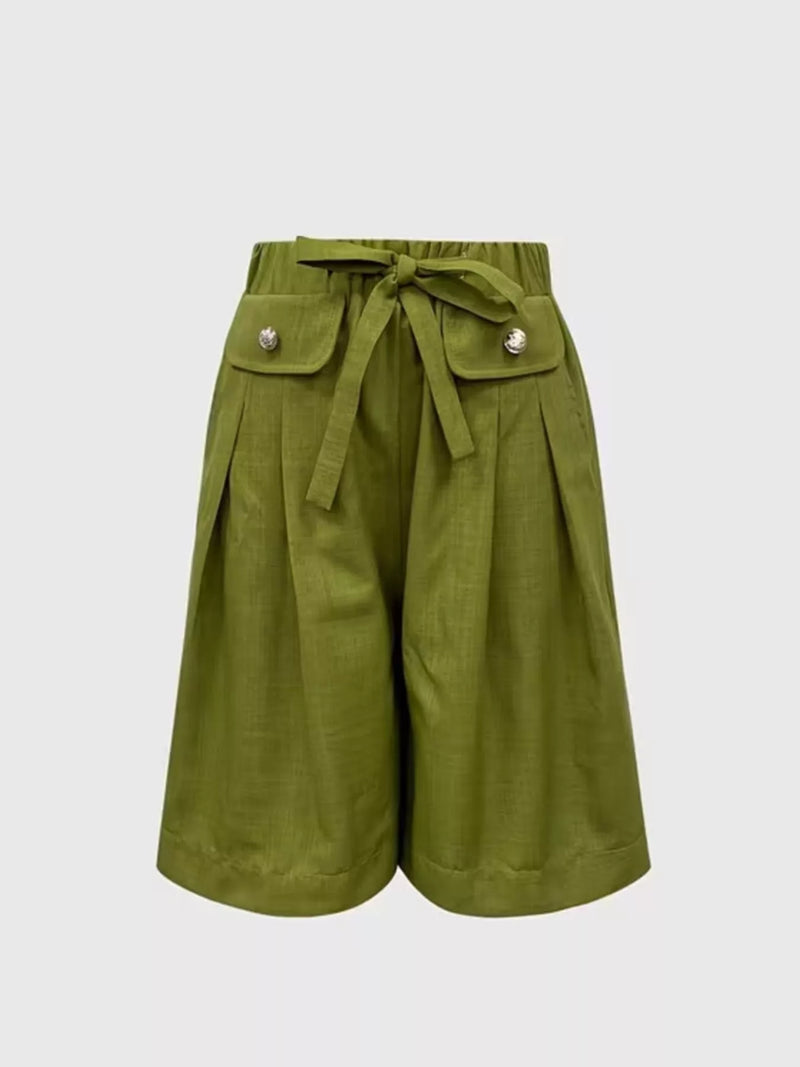 Full view of geen High-Waisted Drawstring Shorts on a white backgound 