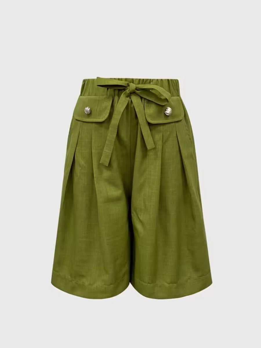Full view of geen High-Waisted Drawstring Shorts on a white backgound 