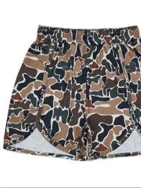 Camouflage-patterned shorts on a white background