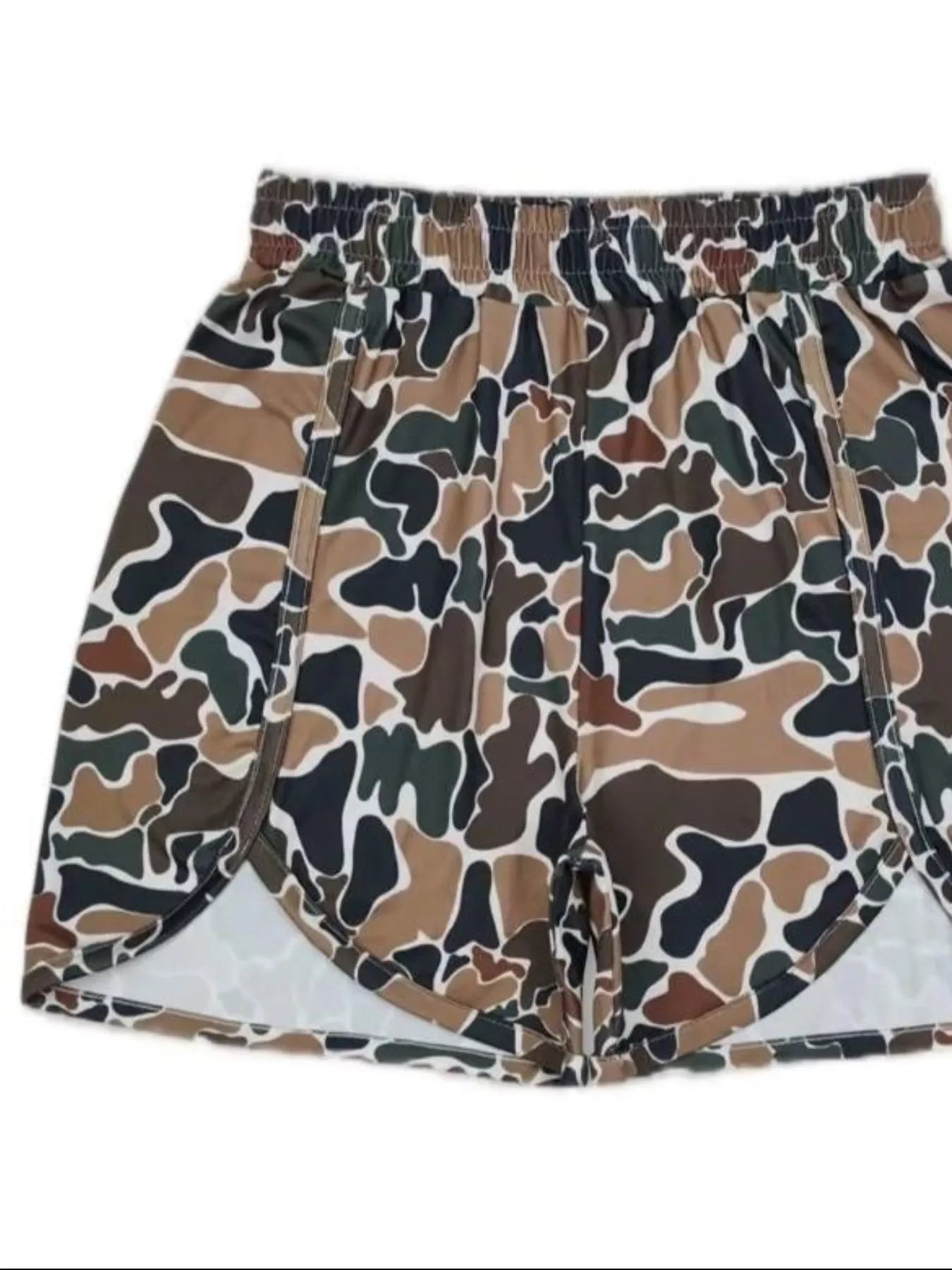 Camouflage-patterned shorts on a white background