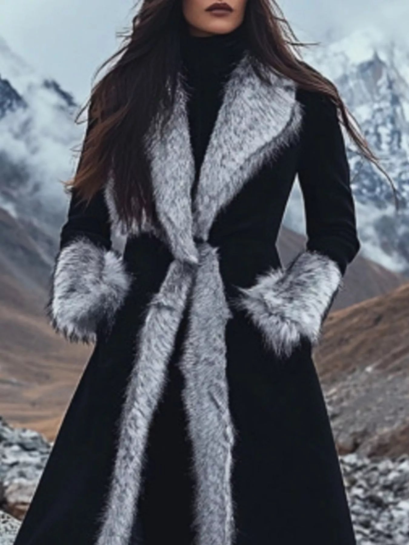 Person wearing a long black coat with fur trim in a mountainous landscape