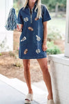 Women Sequin Football Cheer Patches Game Day Denim Mini Dress