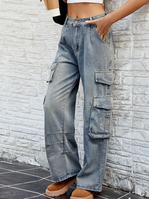 Women Washed Cargo Jeans with Pockets