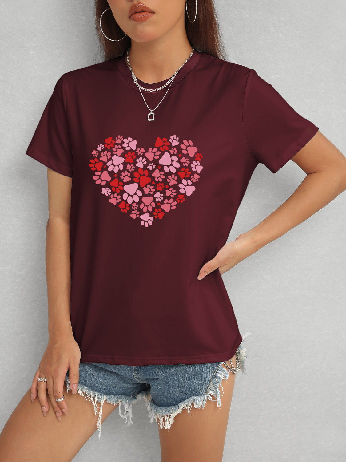 Burgundy Heart Round Neck Short Sleeve T-Shirt