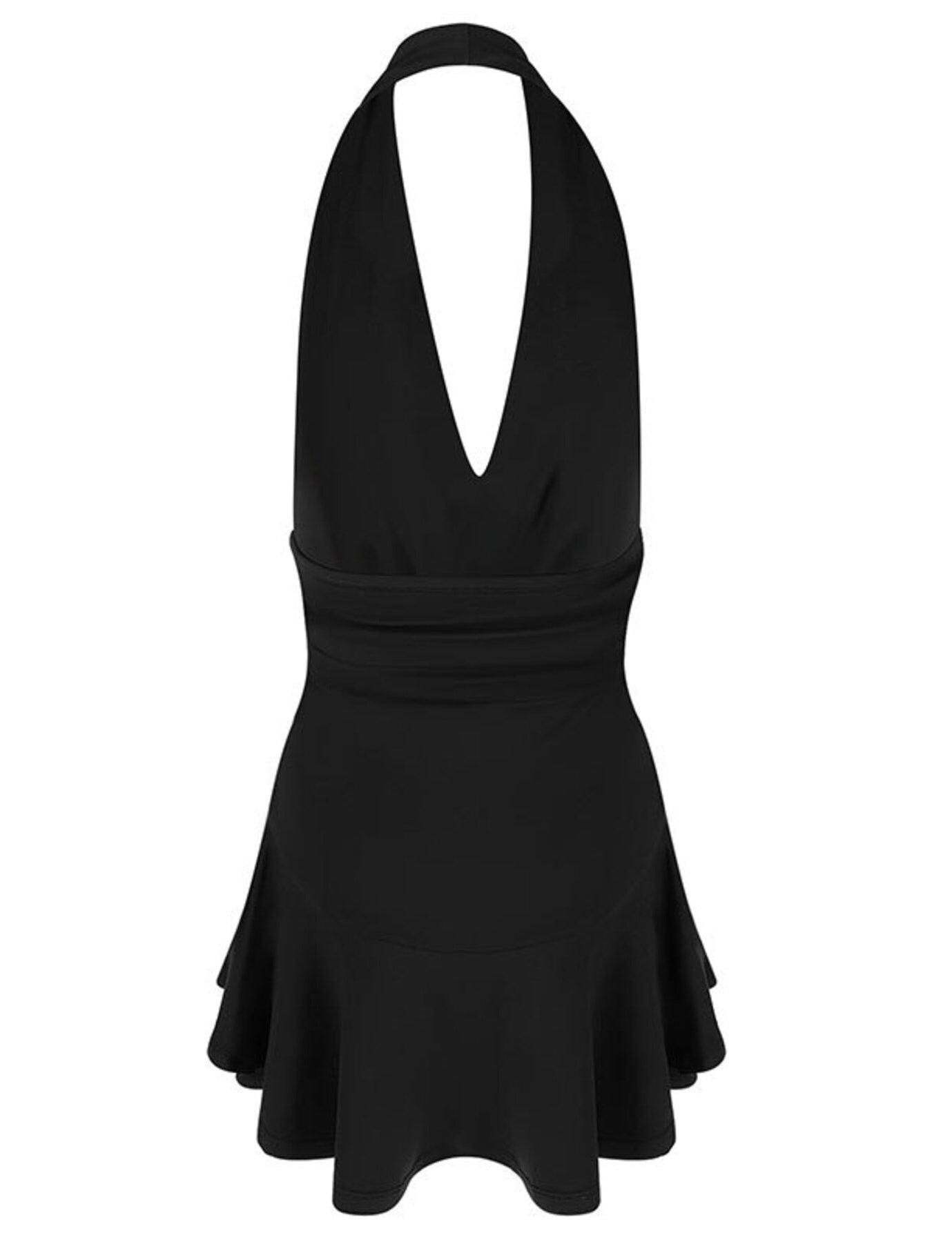 Black halter dress with a flared skirt on a white background