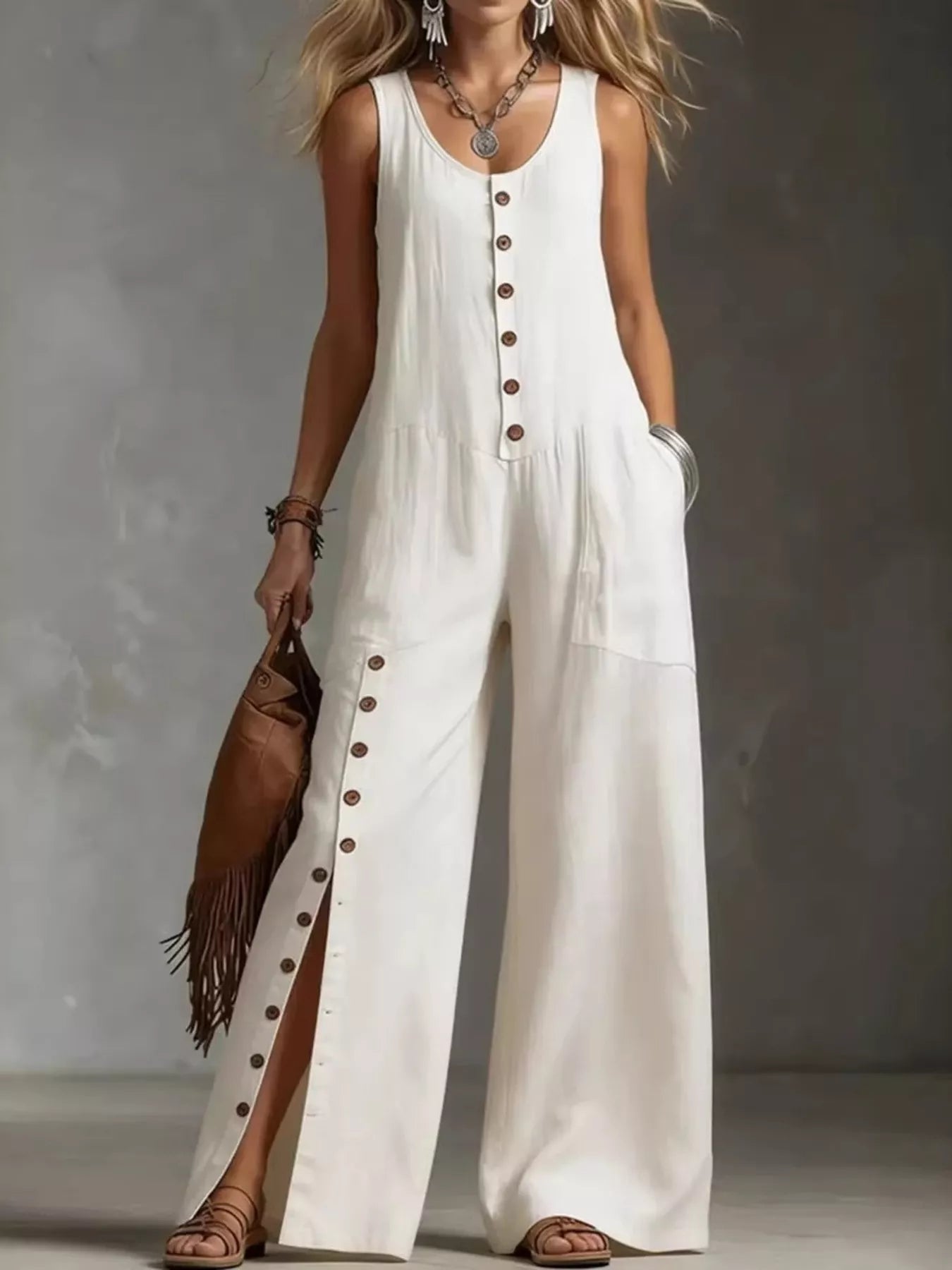 Woman wearing a white sleeveless jumpsuit with buttons against a gray background