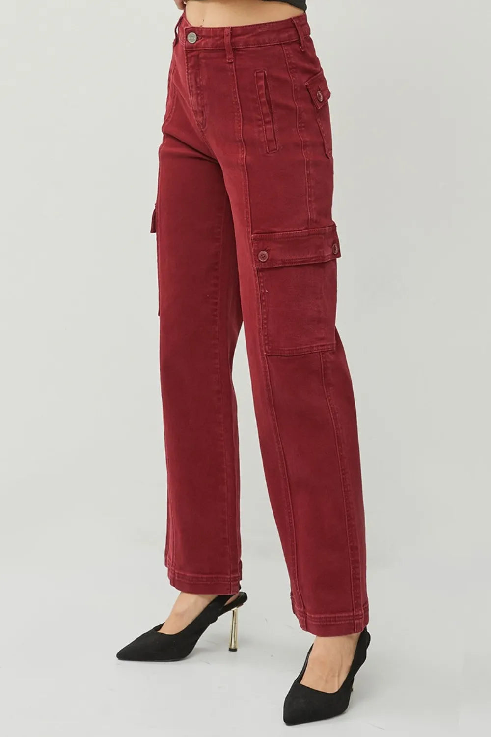 Red cargo pants on a white background