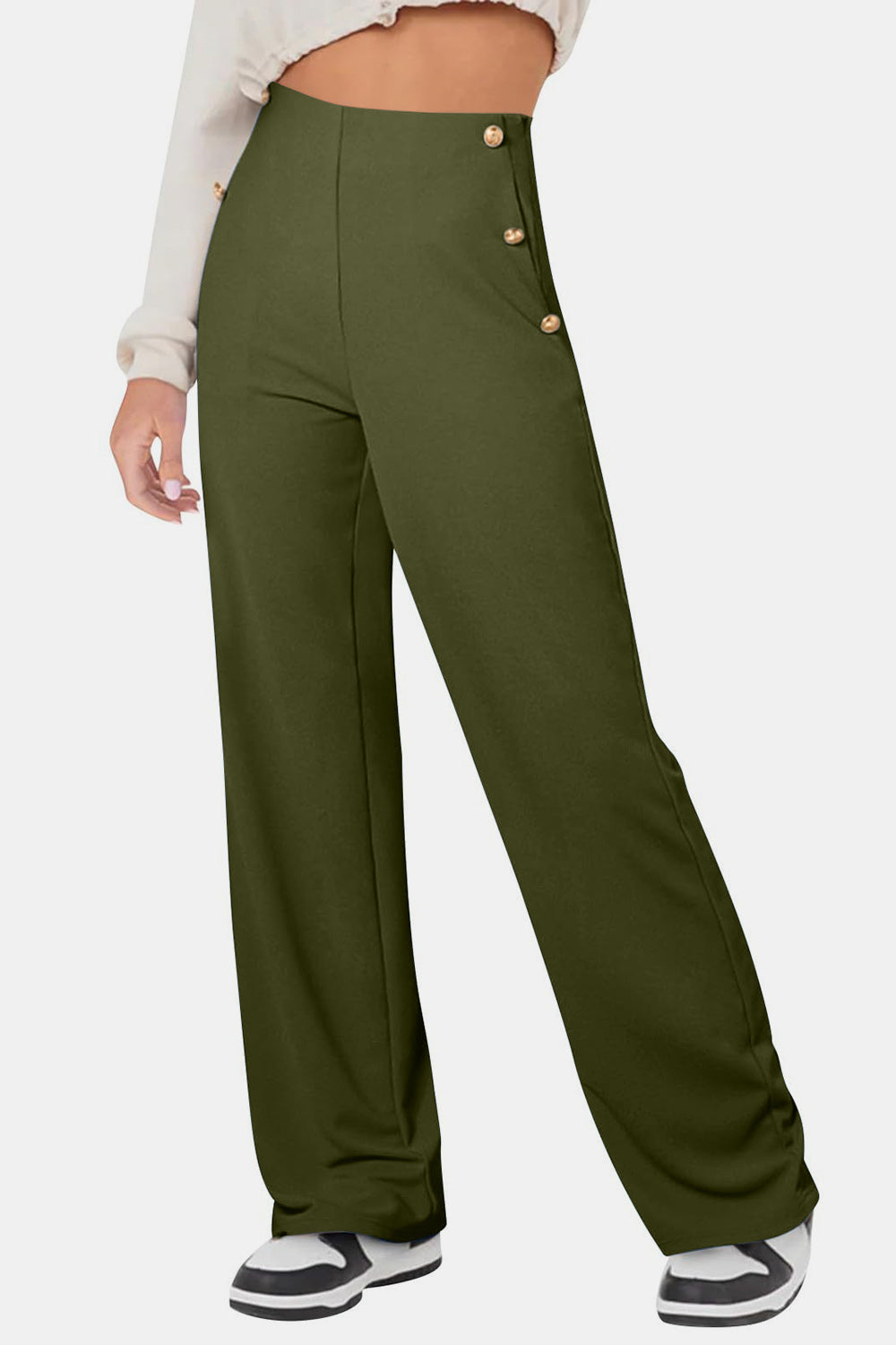 Green Decorative Button High Rise Pants