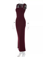 Burgundy evening gown on a mannequin against a white background