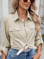 Front view of green Solid Color Collared Neck Long Sleeve Shirt