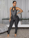 Women's Sexy Elegant Mesh See Through Bodycon Sparkling Rhinestone Cutout Jumpsuit