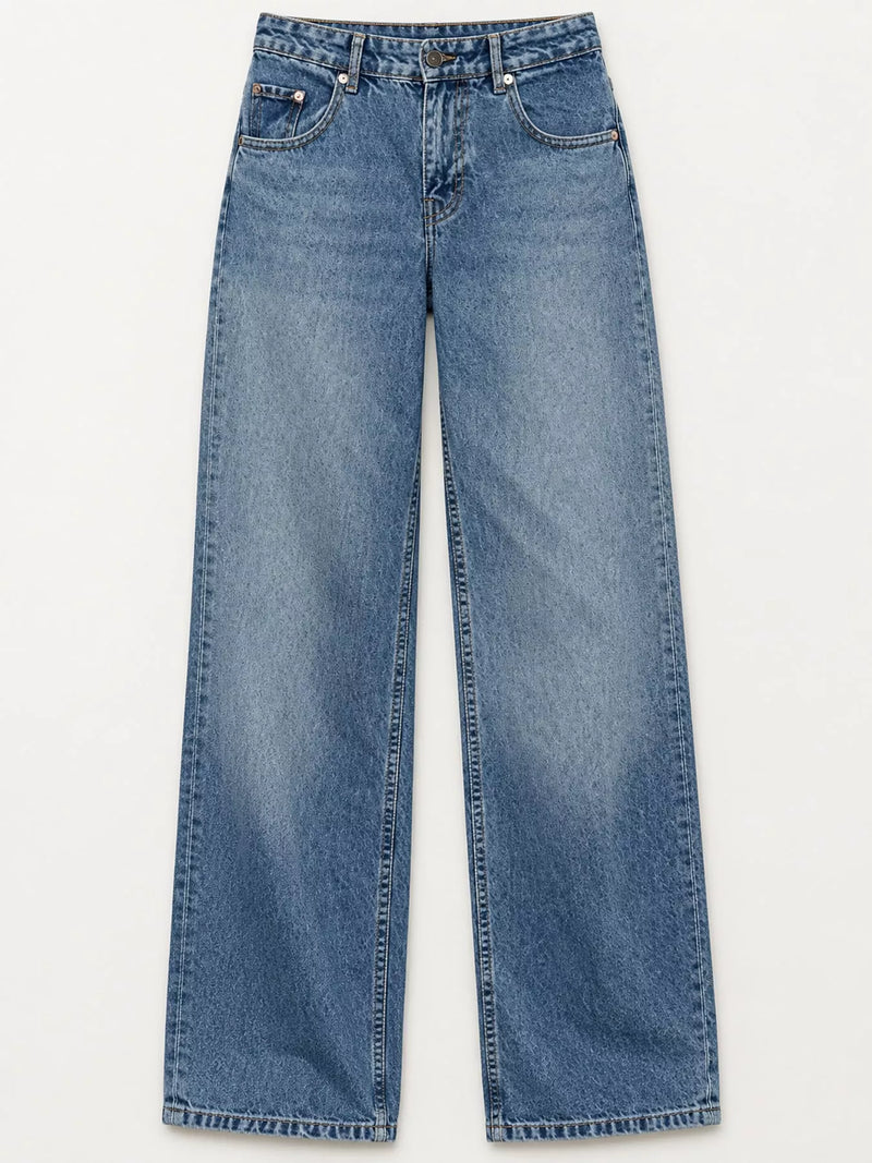 Light blue wide-leg denim jeans with a faded wash, displayed flat against a plain white background.
