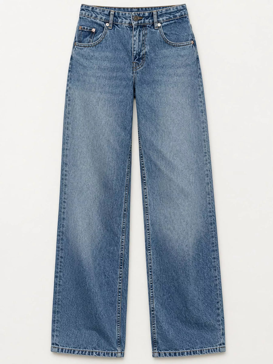 Light blue wide-leg denim jeans with a faded wash, displayed flat against a plain white background.