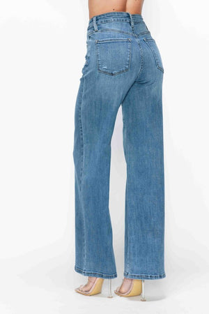 Close up view of bytos Full Size High Rise Wide Leg Jeans with Pockets