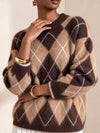 Argyle Pattern Fuzzy Knit Sweater