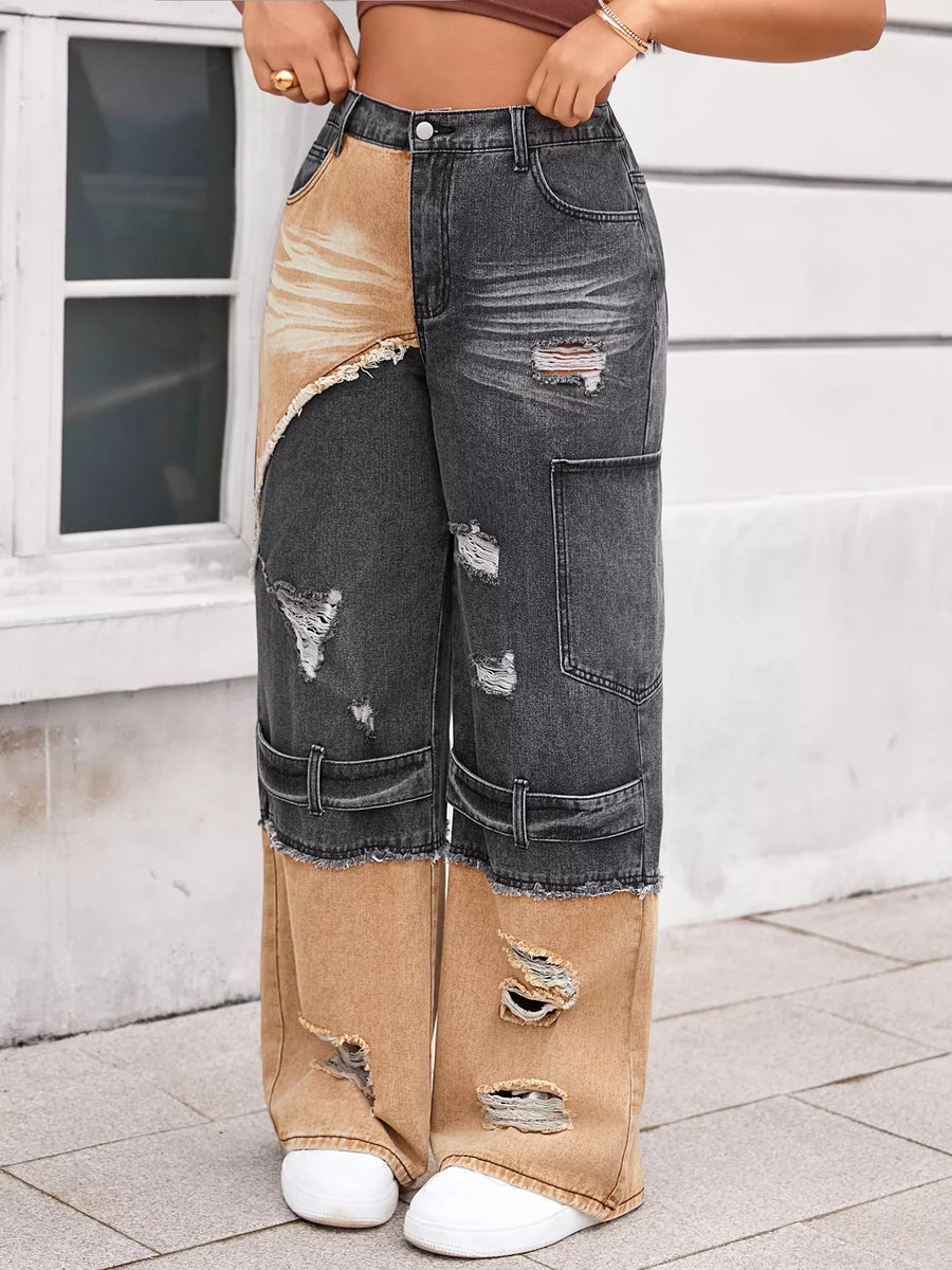 Person wearing a unique denim outfit with patchwork design.