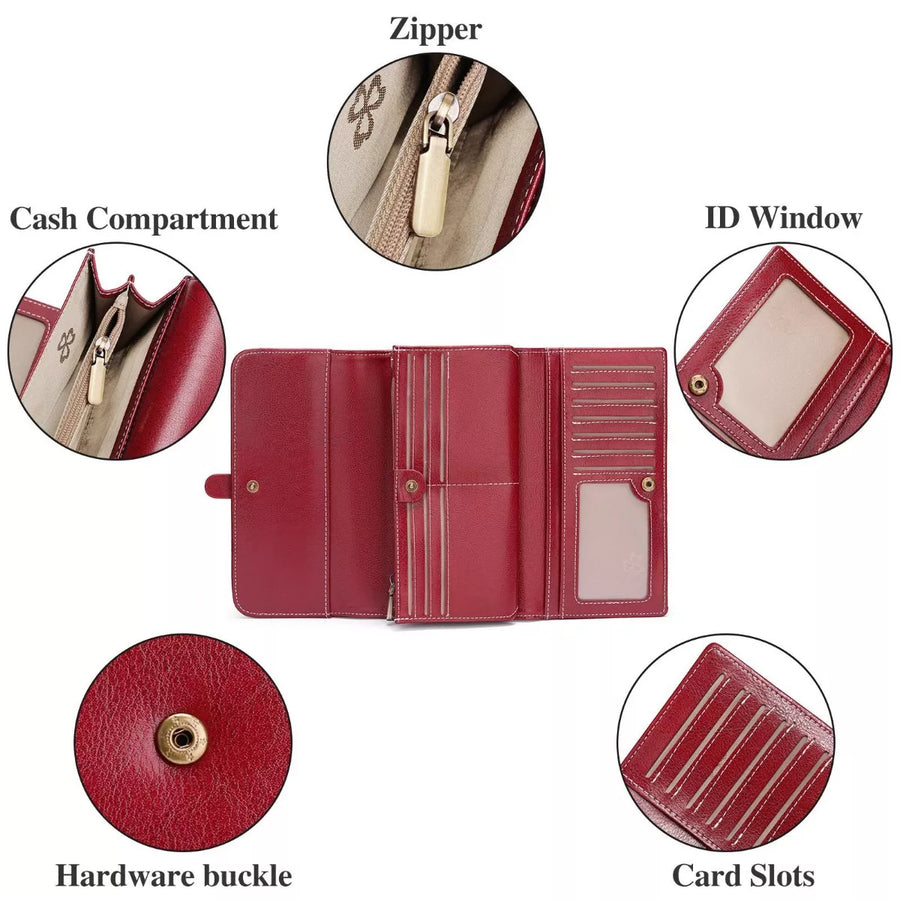 Red wallet with labeled features on a white background