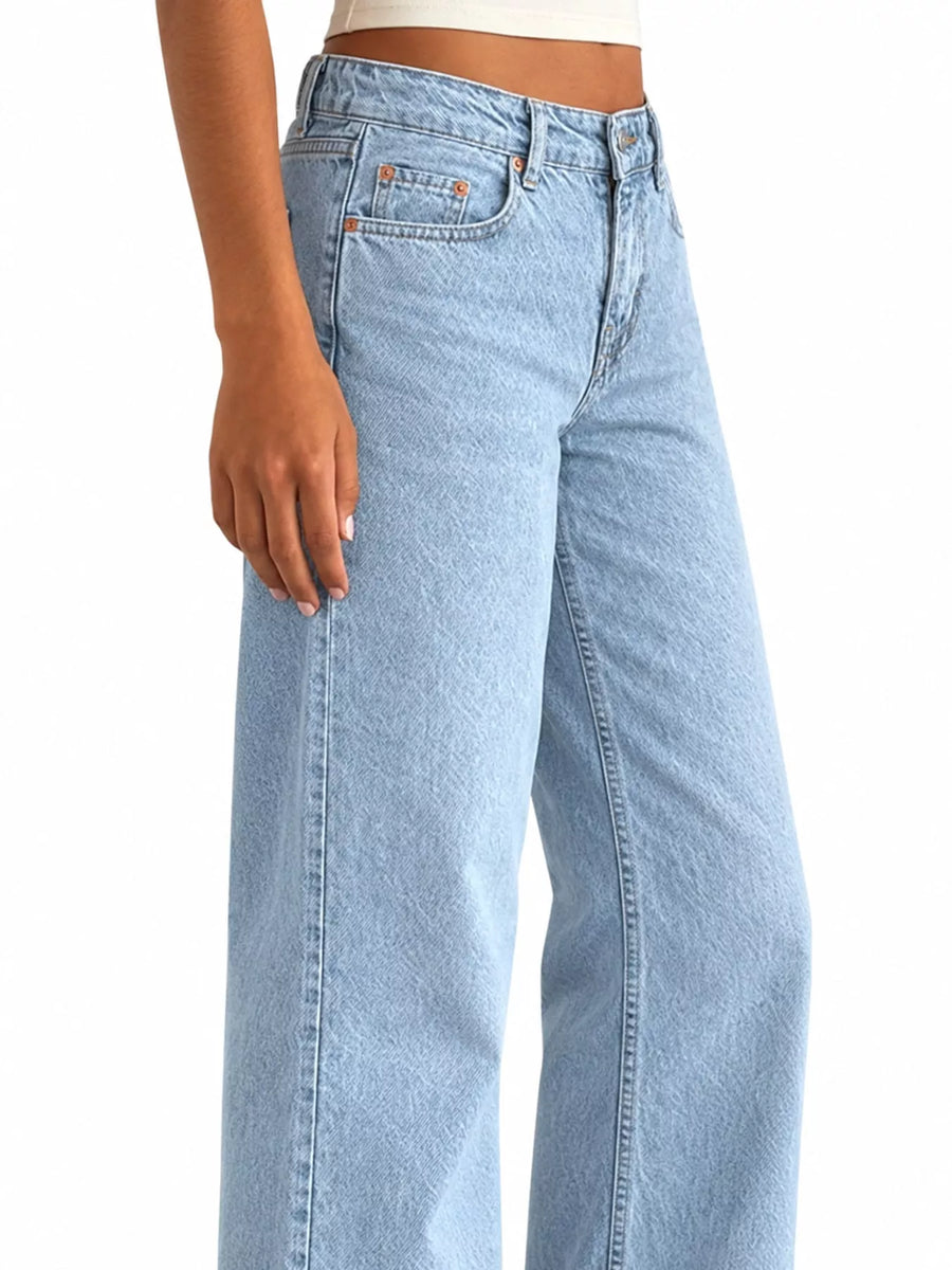 A close-up of a model wearing light-wash blue wide-leg jeans, showing the front pockets, waistband, and straight-leg fit against a plain white background.