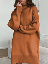 Person wearing a brown sweater dress in an indoor setting