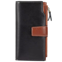 Black leather wallet with brown accents on a white background