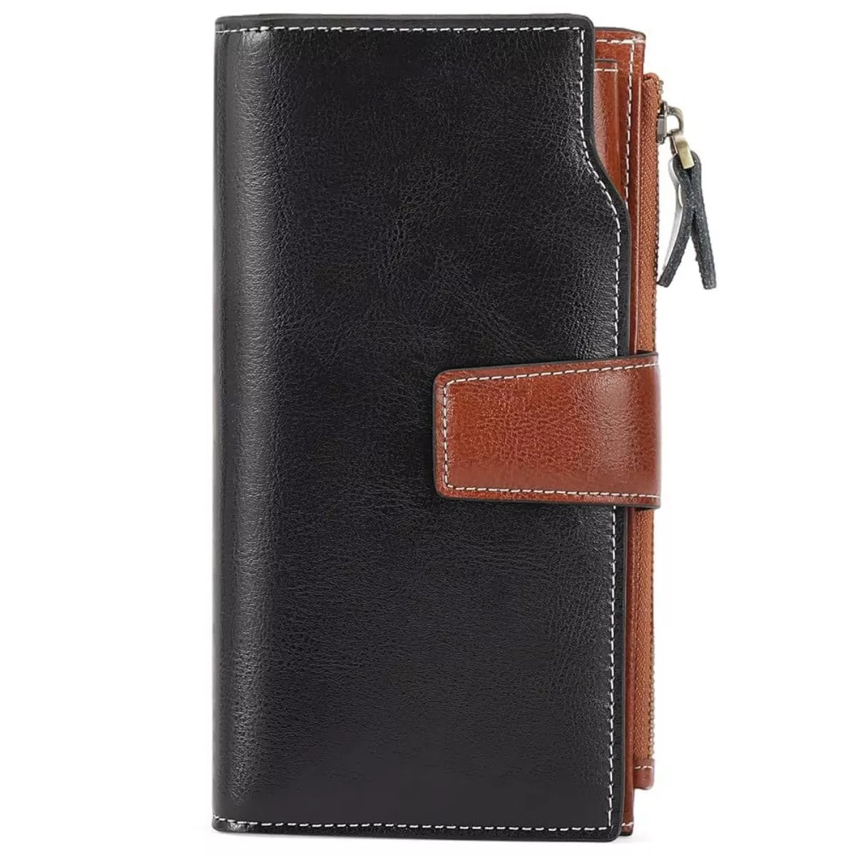 Black leather wallet with brown accents on a white background