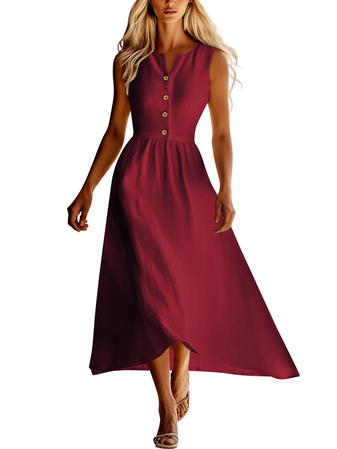 Woman wearing a red dress with buttons on a white background