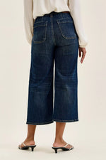 Person wearing dark blue wide-leg jeans on a plain background