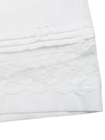 Close-up of a white textured fabric with lace trim on a white background