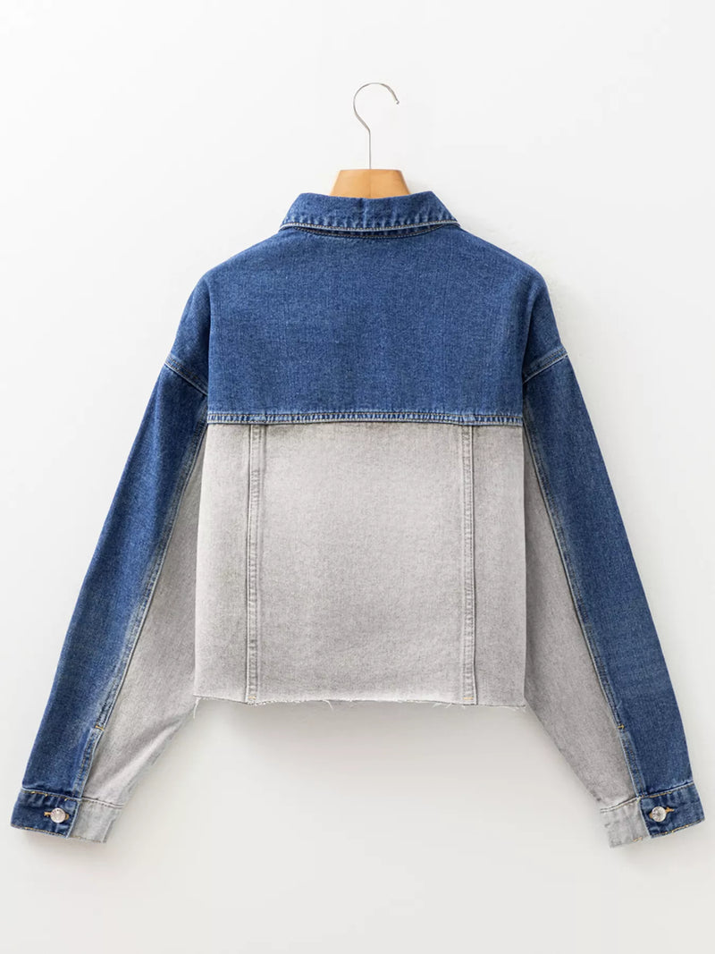 Denim jacket with two-tone design on a white background