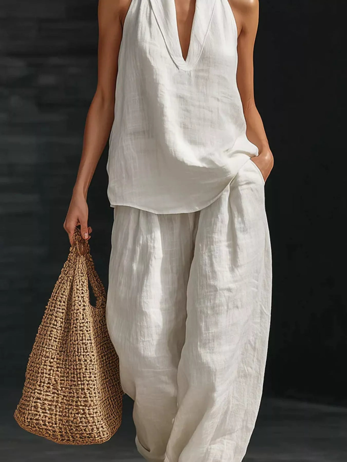Person wearing a white sleeveless top and pants holding a woven bag against a dark background