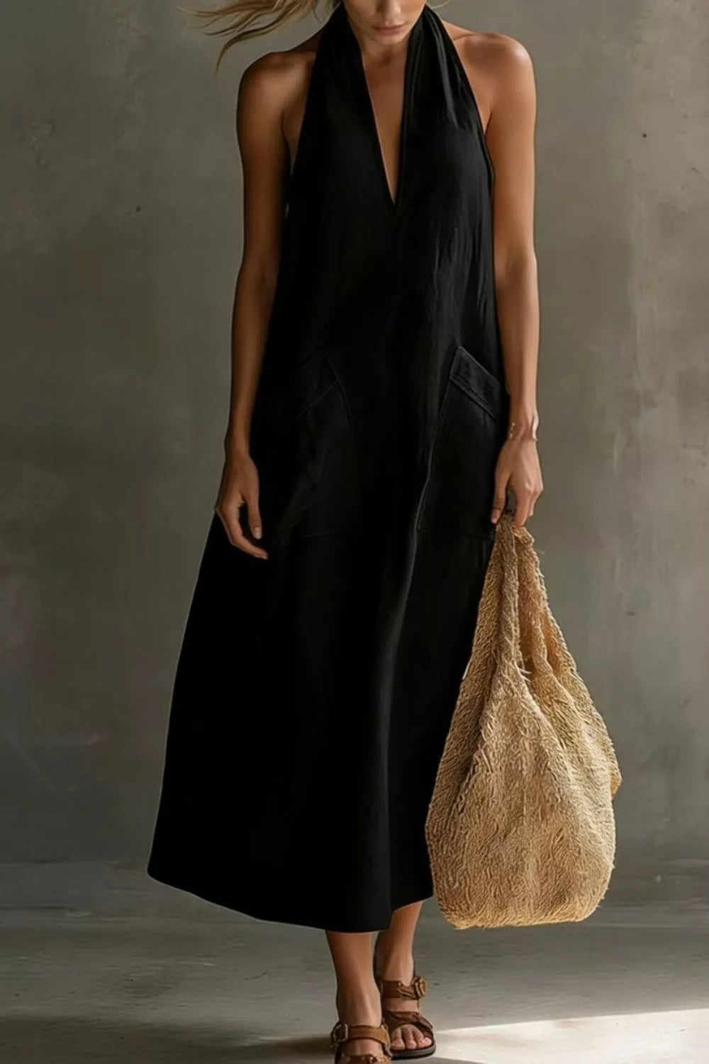Woman in a black dress holding a beige woven bag against a neutral background
