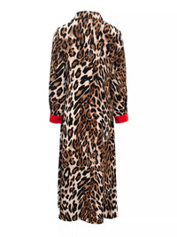 Leopard print dress with red cuffs on a white background