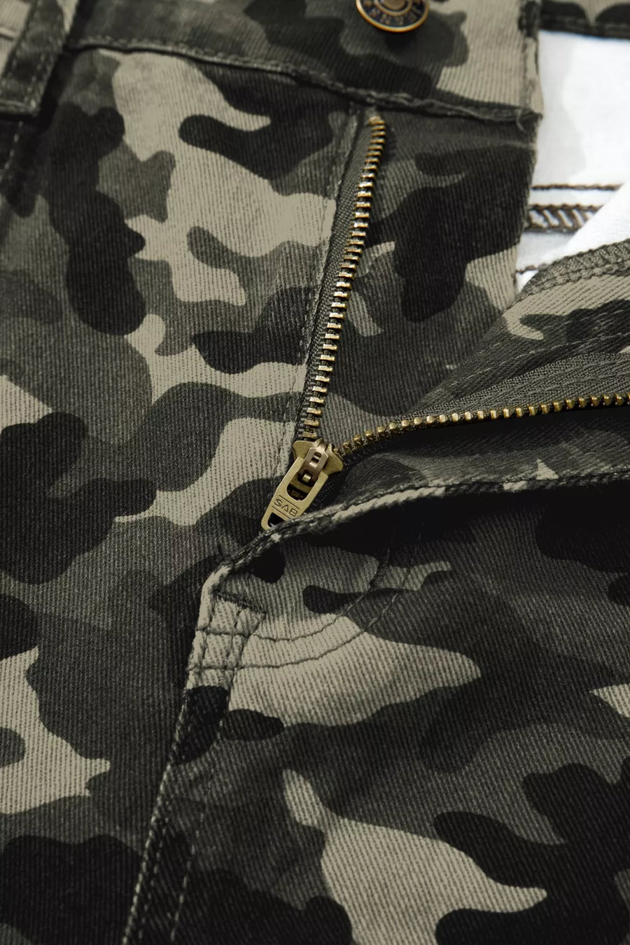 Close-up of a camouflage jacket with a zipper