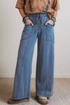 Women Wide Leg High Waisted Elastic Waist Relaxed Fit Drawstring Jeans