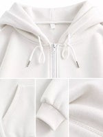 White zip-up hoodie shown in a close-up collage, featuring the hood with white drawstrings, a front zipper, pocket seam, ribbed cuff, and fabric texture.