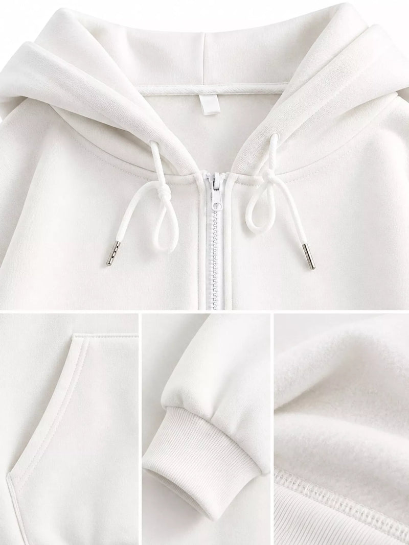 White zip-up hoodie shown in a close-up collage, featuring the hood with white drawstrings, a front zipper, pocket seam, ribbed cuff, and fabric texture.