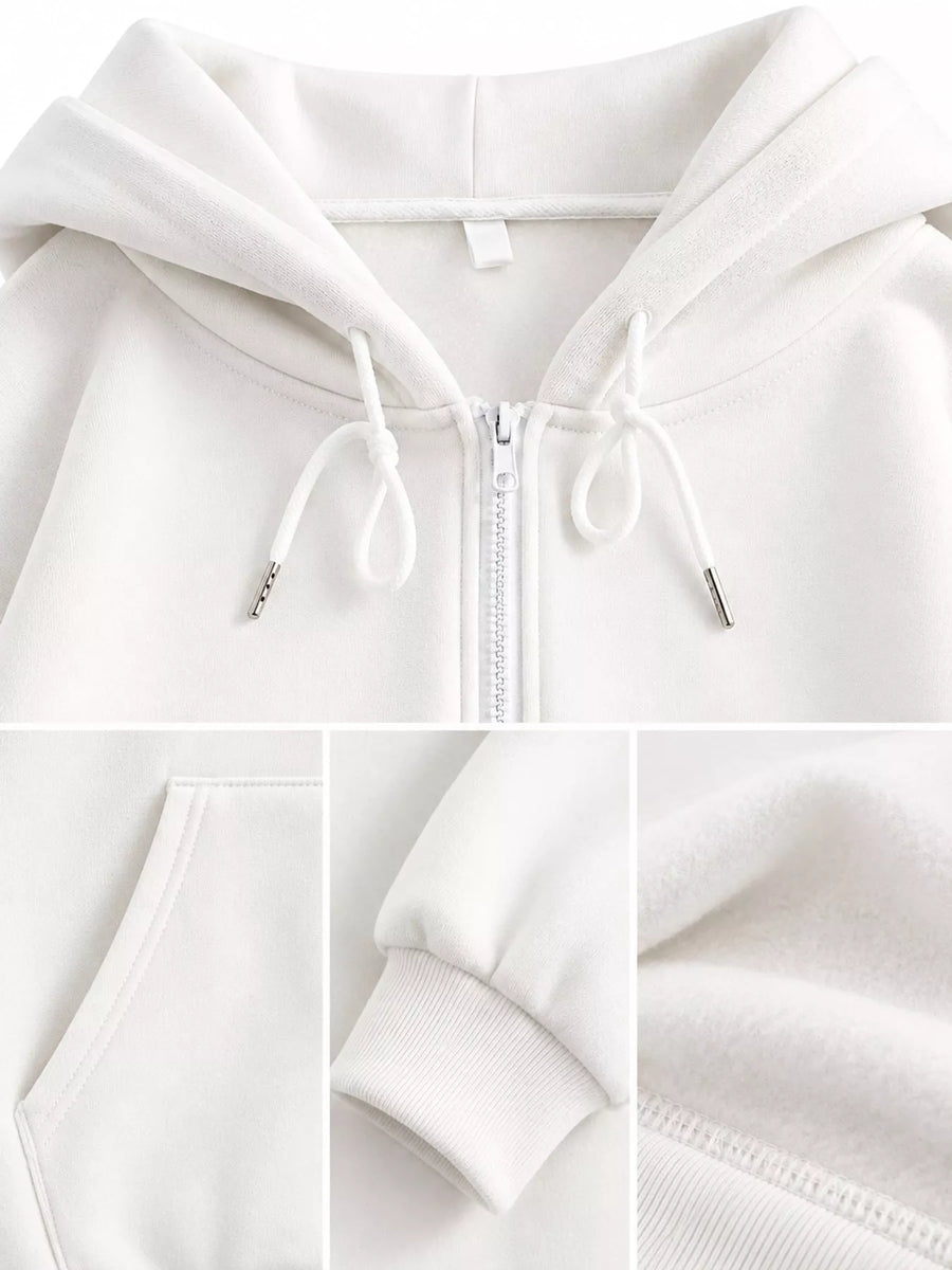 White zip-up hoodie shown in a close-up collage, featuring the hood with white drawstrings, a front zipper, pocket seam, ribbed cuff, and fabric texture.