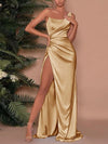 One-Shoulder Satin Maxi Dress with High Slit For Women