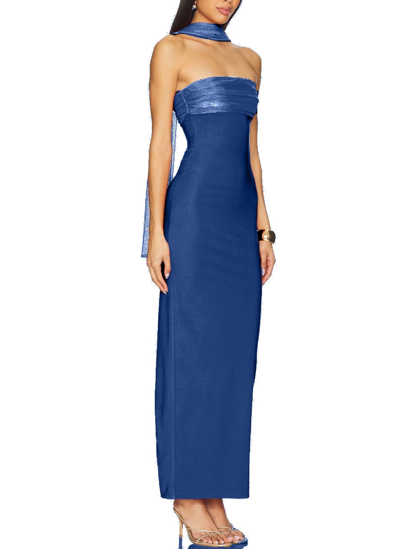 Woman wearing a blue strapless gown on a white background