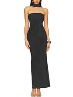 Black strapless gown on a white background