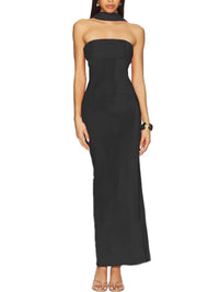 Black strapless gown on a white background
