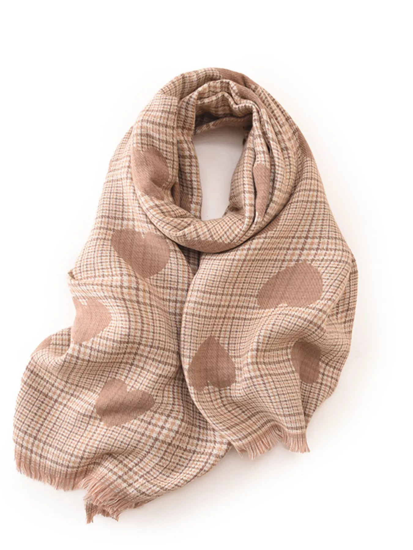 Plaid scarf with heart patterns on a white background
