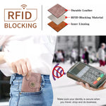 RFID blocking wallet with layers illustration and person using a card reader.