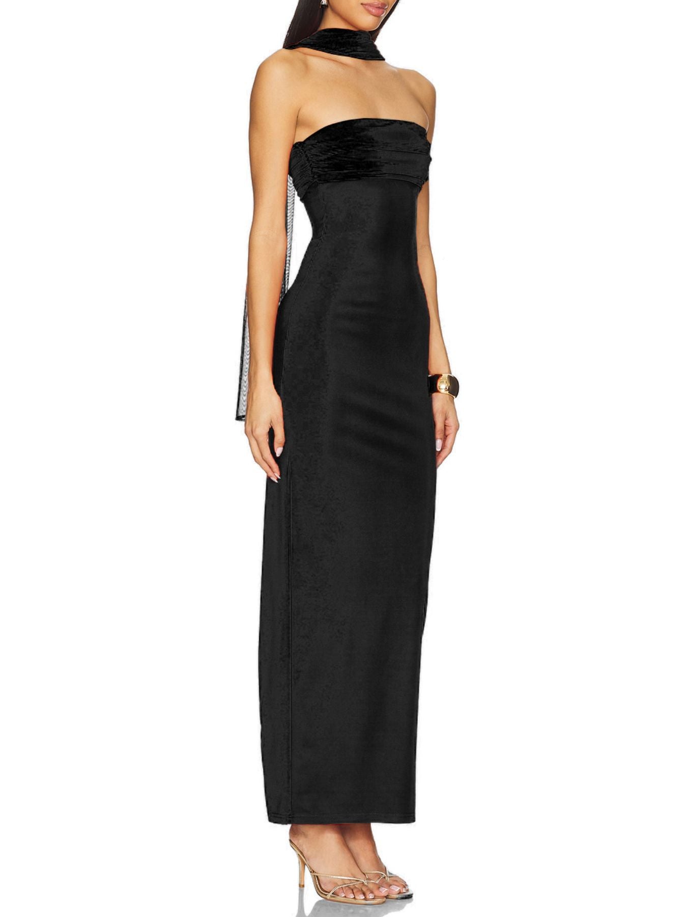 Black strapless gown on a white background