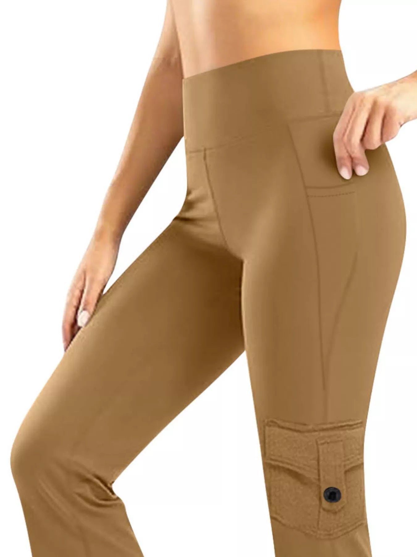 Tan cargo pants worn by a person on a white background
