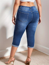 Plus Size Rolled Hem High Waist Denim Capri Jeans