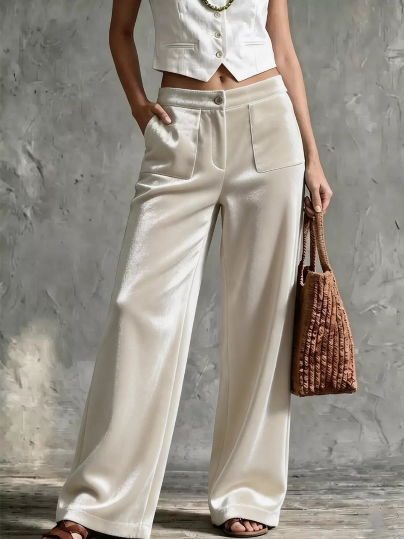 A model wearing high-waisted, wide-leg satin trousers in an off-white/cream color, styled with a matching white cropped vest, brown sandals, and a brown woven tote bag against a textured gray wall.