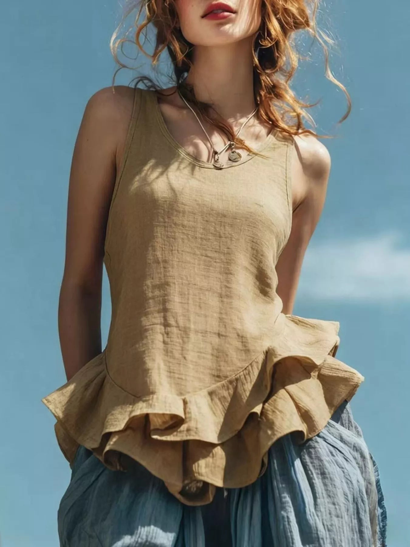 Woman wearing a beige sleeveless top with ruffled layers against a blue sky.