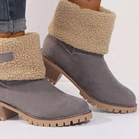 Gray ankle boots with beige sherpa lining on a white background